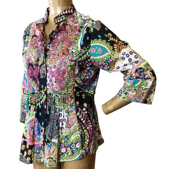 Bleu Bayou Boho Hippie Colorful Pleated Beaded Cotton Top L #328D - Picture 4 of 10